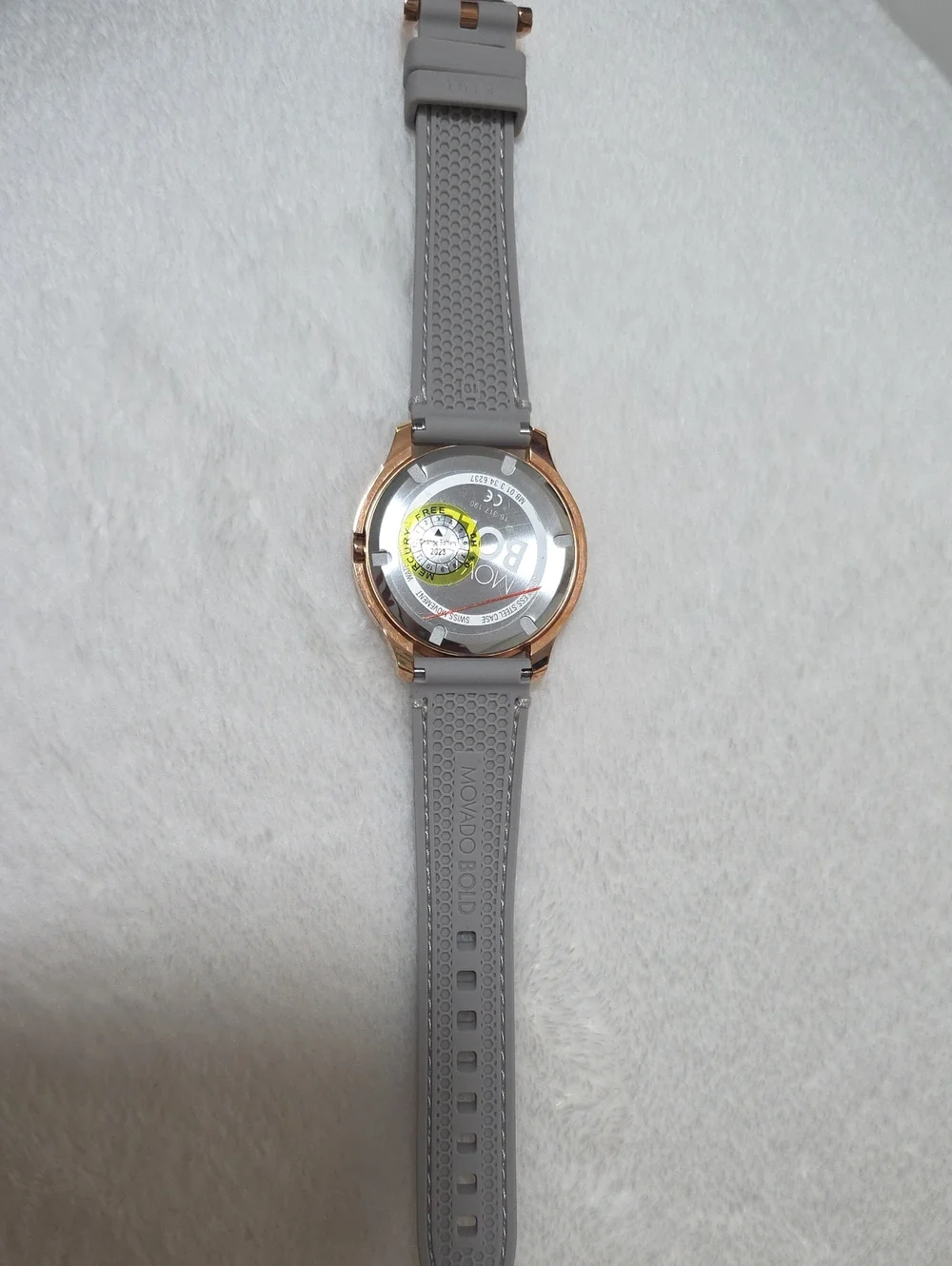 Movado Bold Rose Gold Dial Watch with Light Gray Strap